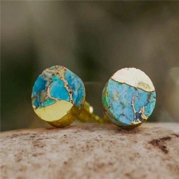 Genuine Turquoise Gold Plated Women Healing Reiki Dainty Oval Stud Earrings Gift - Picture 2 of 5